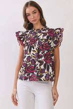 Load image into Gallery viewer, CT10116-Floral Print Ruffle Sleeve Blouse: Burgundy / M
