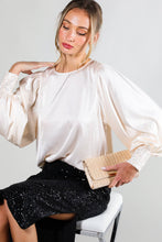 Load image into Gallery viewer, Beaded Sequin Cuff Accent Crew Neck Satin Blouse Top VT81259: Champagne / M
