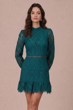 Load image into Gallery viewer, Lace Scallop Hem Puff Long Sleeve Mini Dress: Esmerald Green / M
