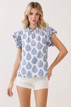 Load image into Gallery viewer, CT9827-Printed Contrast Trim Ruffle Sleeve Blouse: Blue / L
