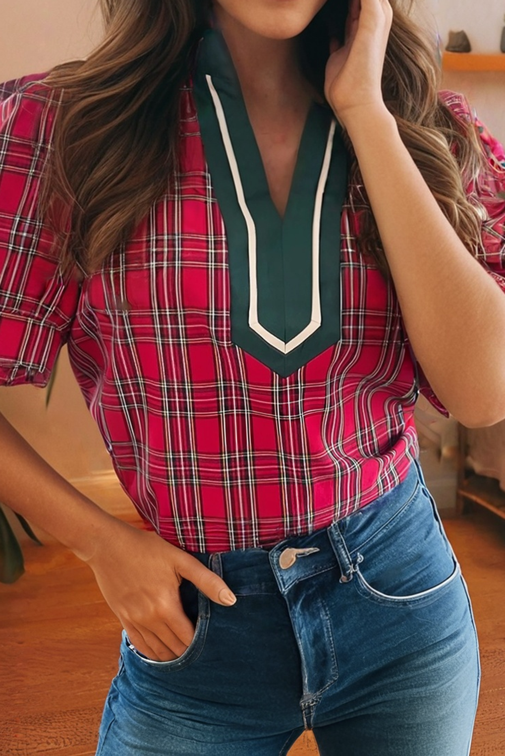 LDC Plaid Print Contrast Trim V Neck Short Sleeve Blouse: Red / S