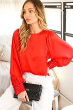 Load image into Gallery viewer, Beaded Sequin Cuff Accent Crew Neck Satin Blouse Top VT81259: Champagne / M
