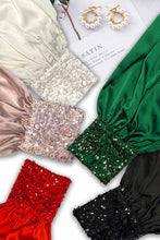 Load image into Gallery viewer, Beaded Sequin Cuff Accent Crew Neck Satin Blouse Top VT81259: Hunter Green / L
