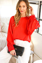 Load image into Gallery viewer, Beaded Sequin Cuff Accent Crew Neck Satin Blouse Top VT81259: Red / L
