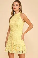 Load image into Gallery viewer, Floral high neck mini dress with ruffled bottom: LEMON YELLOW / S

