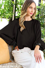 Load image into Gallery viewer, Beaded Sequin Cuff Accent Crew Neck Satin Blouse Top VT81259: Hunter Green / M
