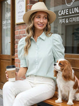 Load image into Gallery viewer, Striped Collared Neck Short Puff Sleeve Blouse Top VT81707: Green / L
