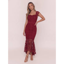 Load image into Gallery viewer, LACE PATTERN FLUTTER SHOULDER BODYCON MERMAID DRESS : WINE / XS-S-M-L-XL(1-2-2-1-1)
