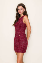 Load image into Gallery viewer, Tweed Jewel Button Mini Dress: BURGUNDY / L

