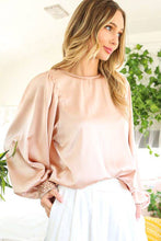 Load image into Gallery viewer, Beaded Sequin Cuff Accent Crew Neck Satin Blouse Top VT81259: Champagne / L
