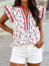 Load image into Gallery viewer, Sunflower Printed Contrast Trim V Neck Flutter Sleeve Blouse: Red / M
