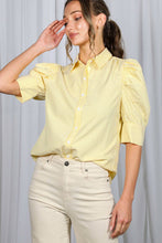 Load image into Gallery viewer, Striped Collared Neck Short Puff Sleeve Blouse Top VT81707: Green / S
