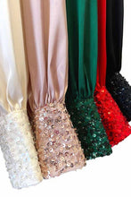 Load image into Gallery viewer, Beaded Sequin Cuff Accent Crew Neck Satin Blouse Top VT81259: Champagne / L
