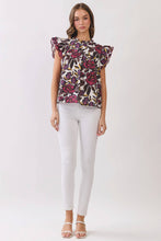 Load image into Gallery viewer, CT10116-Floral Print Ruffle Sleeve Blouse: Burgundy / M
