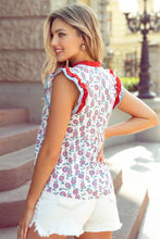 Load image into Gallery viewer, Sunflower Printed Contrast Trim V Neck Flutter Sleeve Blouse: Red / L

