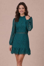 Load image into Gallery viewer, Lace Scallop Hem Puff Long Sleeve Mini Dress: Esmerald Green / M
