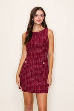 Load image into Gallery viewer, Tweed Jewel Button Mini Dress: BURGUNDY / S
