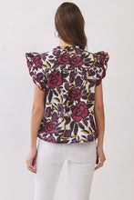 Load image into Gallery viewer, CT10116-Floral Print Ruffle Sleeve Blouse: Burgundy / L
