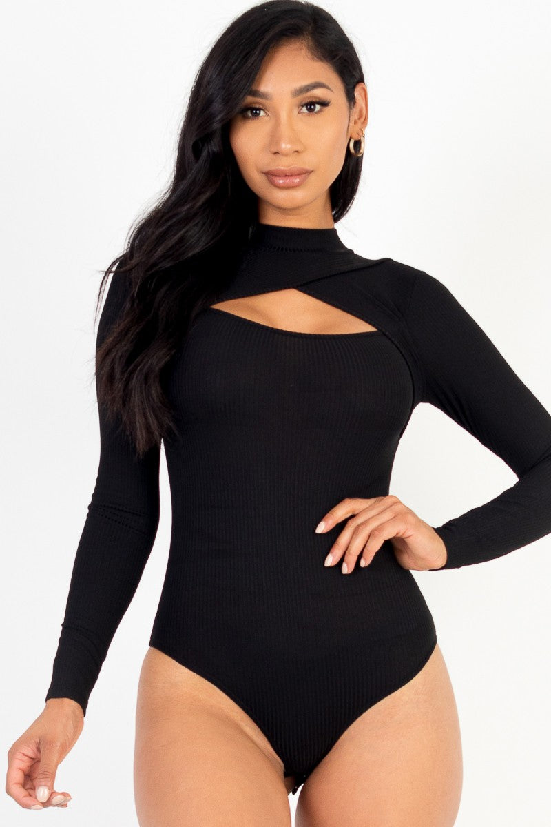 Black Front Cutout Long Sleeve Bodysuit