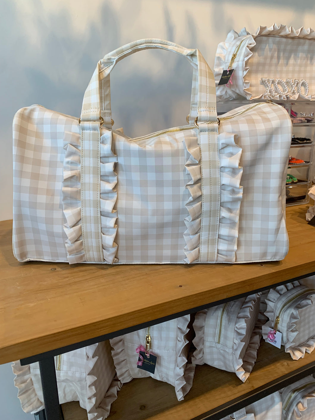 Cream Ruffle Gingham Weekend Bag